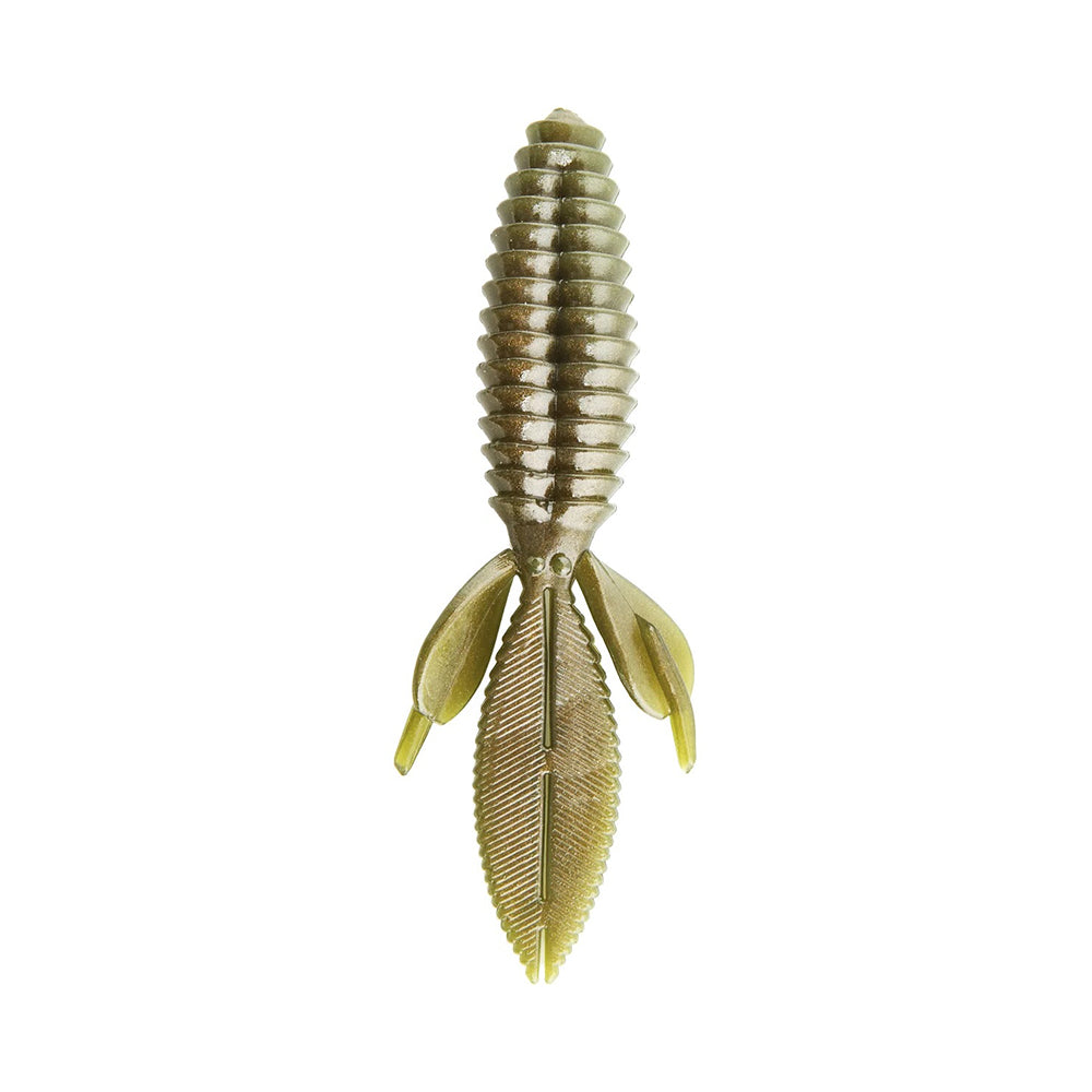 The Reaction Innovations Sweet Beaver 4.20 is a soft plastic lure in gold and silver, designed to resemble an insect with a ribbed body, leaf-like appendages, and small wing-like parts. Perfect for flipping bait.