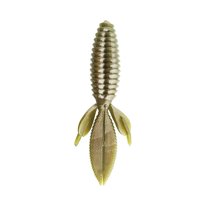 The Reaction Innovations Sweet Beaver 4.20 is a soft plastic lure in gold and silver, designed to resemble an insect with a ribbed body, leaf-like appendages, and small wing-like parts. Perfect for flipping bait.