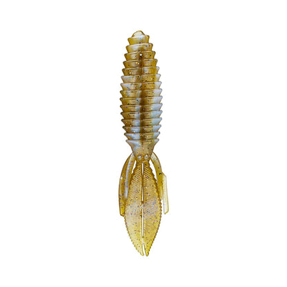 The Reaction Innovations Sweet Beaver 4.20, a ribbed, elongated soft plastic lure with small fins and a golden hue resembling a squid or insect, rests elegantly on a white background.