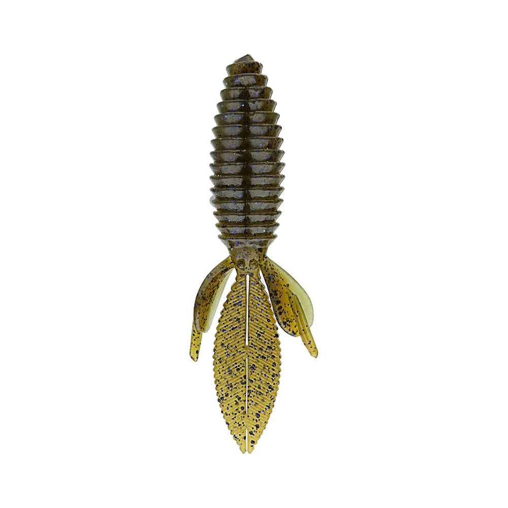 The Reaction Innovations Sweet Beaver 4.20 by Reaction Innovations is a realistic bug-like soft plastic lure in green and brown with ribbed segments and two fan-like wings, ideal for flipping bait as it mimics natural movements to attract fish effectively.