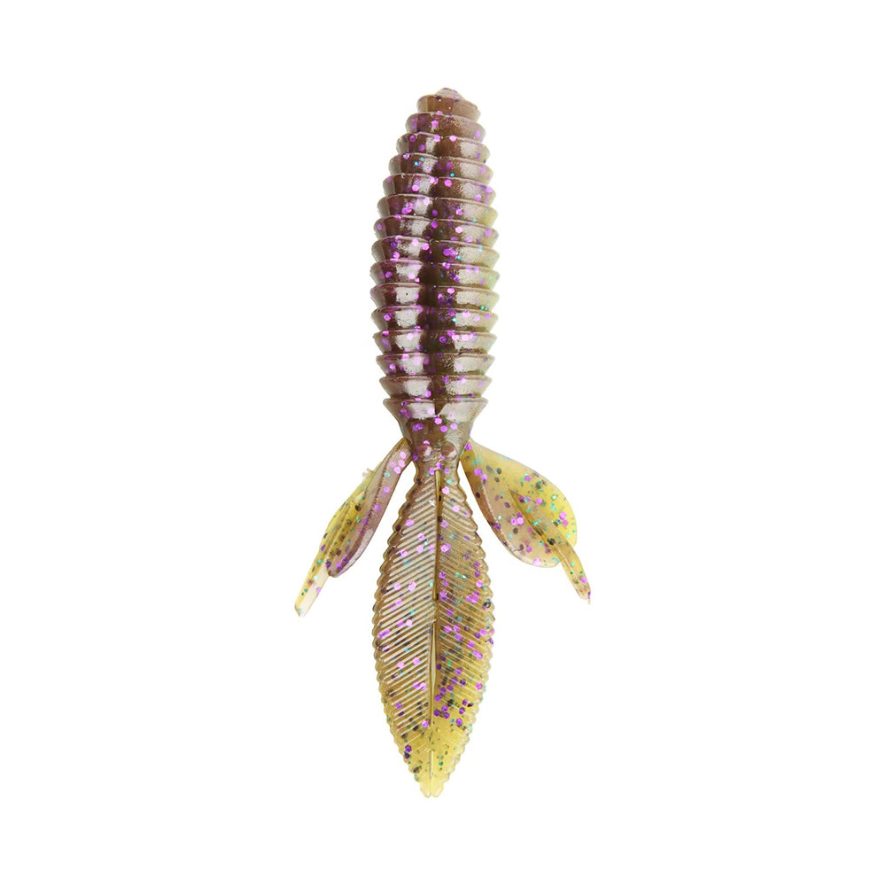 The Reaction Innovations Sweet Beaver 4.20 by Reaction Innovations is a segmented soft plastic lure with a brown top, yellow bottom, and purple glitter. Its ribbed body and leaf-shaped side appendages enhance movement, making it perfect as a flipping bait.