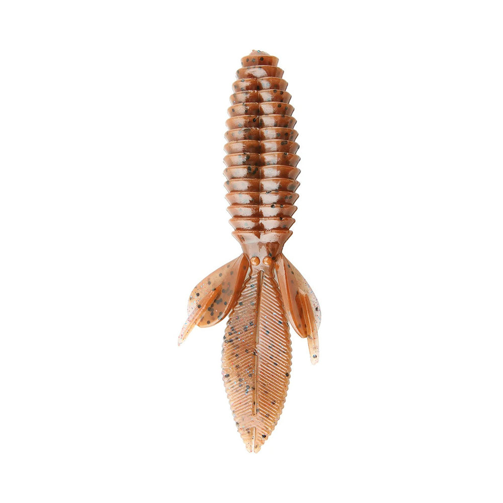 The Reaction Innovations Sweet Beaver 4.20, by Reaction Innovations, is a soft plastic lure in brown with ribbed segments, fin-like appendages, and speckles. It's expertly crafted for flipping bait to attract fish.