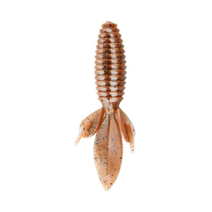 The Reaction Innovations Sweet Beaver 4.20, by Reaction Innovations, is a soft plastic lure in brown with ribbed segments, fin-like appendages, and speckles. It's expertly crafted for flipping bait to attract fish.