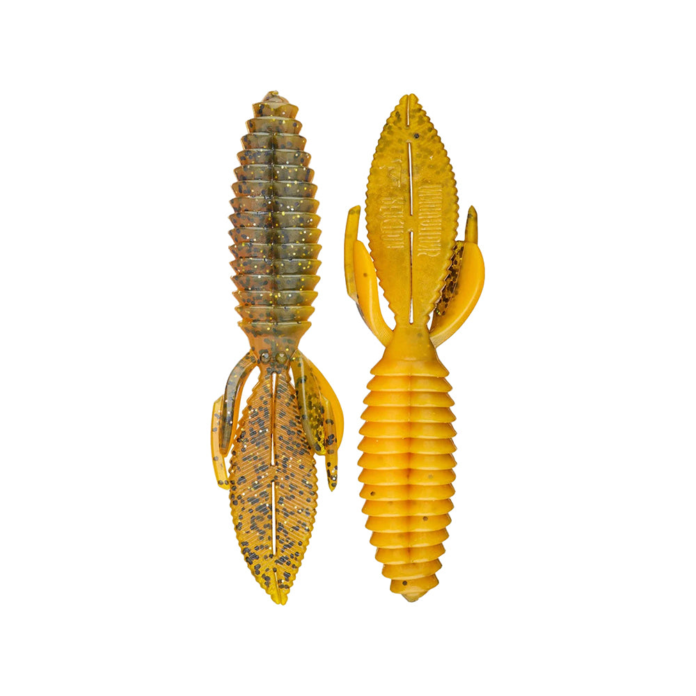 Two elongated, textured yellow and green items resemble Reaction Innovations Sweet Beaver 4.20 soft plastic lures with segmented bodies and wing-like extensions, mimicking flipping baits as they lay side by side on a white background.