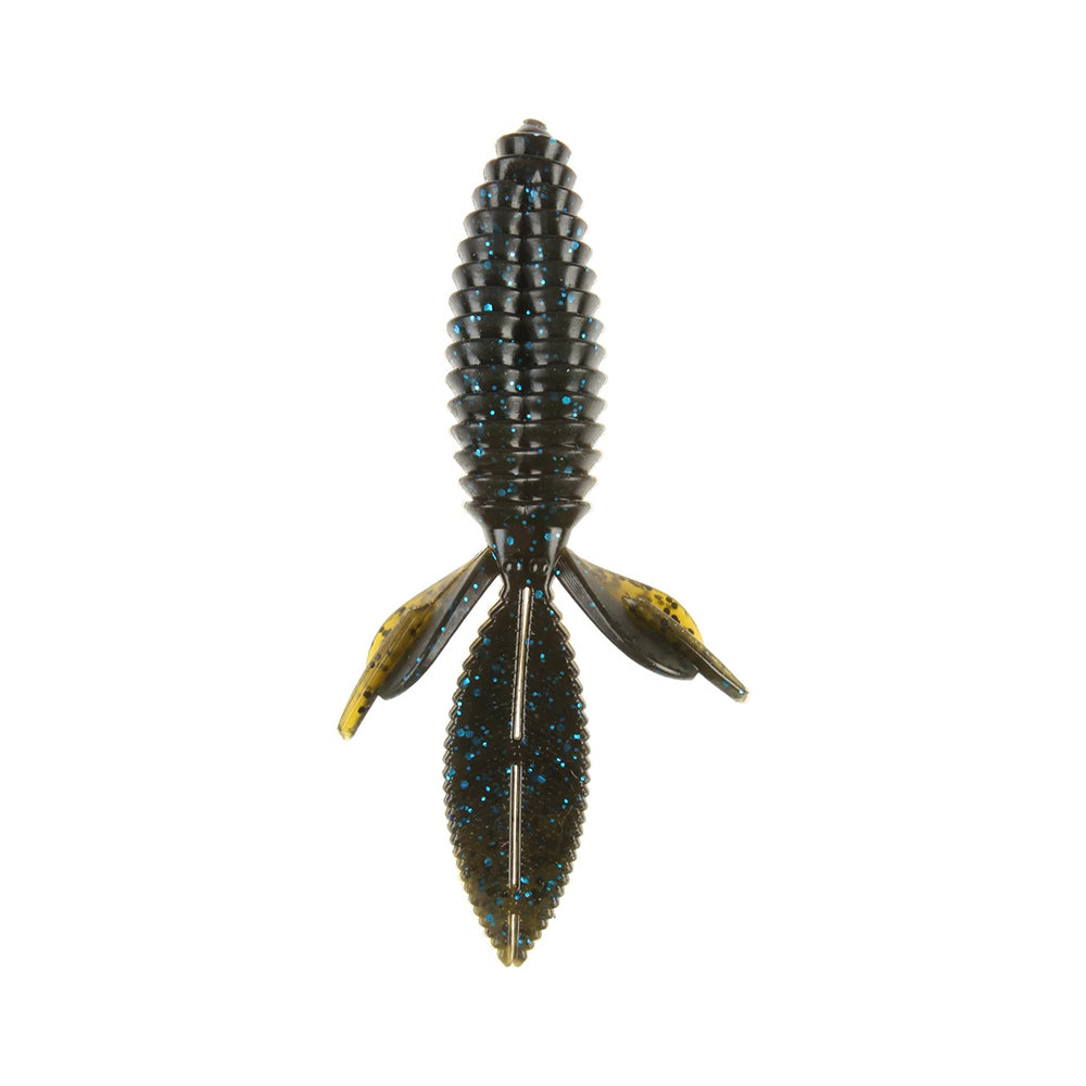 A Reaction Innovations Sweet Beaver 4.20 soft plastic lure from Reaction Innovations features a black and speckled blue body with texture, side fins, and a pointed tail on a white background, resembling a creature with an elongated body and appendages.