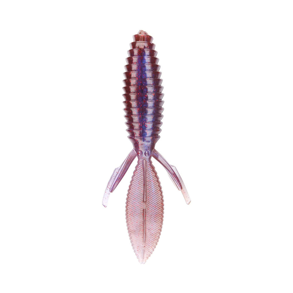 Detailed close-up of the Reaction Innovations Sweet Beaver 4.20, a translucent soft plastic lure resembling a small aquatic creature with a segmented body and two leaf-like fins. Its predominantly purple design features hints of pink and blue against a plain white background.