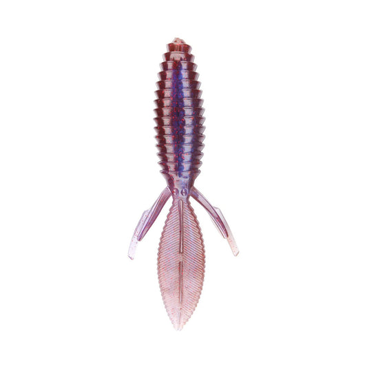 Detailed close-up of the Reaction Innovations Sweet Beaver 4.20, a translucent soft plastic lure resembling a small aquatic creature with a segmented body and two leaf-like fins. Its predominantly purple design features hints of pink and blue against a plain white background.