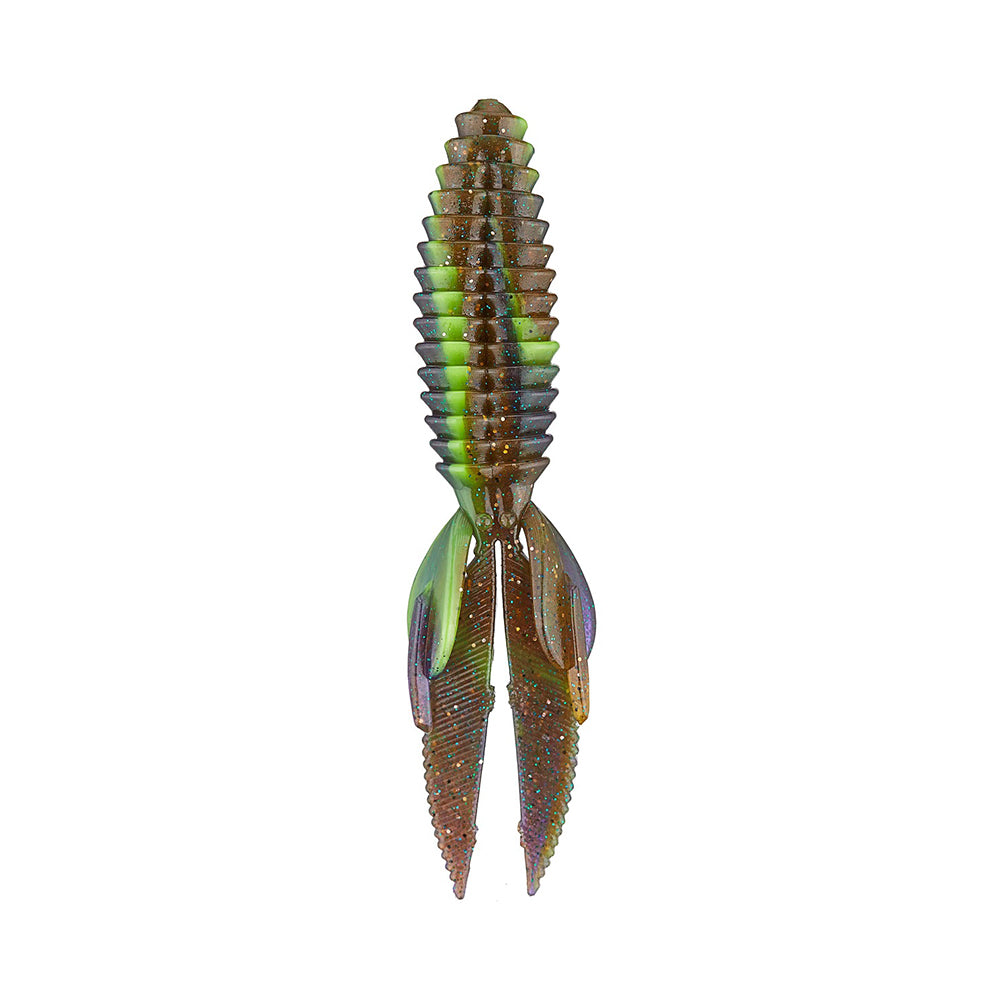 The Reaction Innovations Sweet Beaver 4.20, by Reaction Innovations, is a vertical soft plastic lure with segmented ribs and two claw-like appendages in vibrant green and brown hues, designed to mimic aquatic life for effective flipping bait techniques.