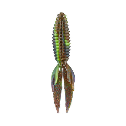 The Reaction Innovations Sweet Beaver 4.20, by Reaction Innovations, is a vertical soft plastic lure with segmented ribs and two claw-like appendages in vibrant green and brown hues, designed to mimic aquatic life for effective flipping bait techniques.