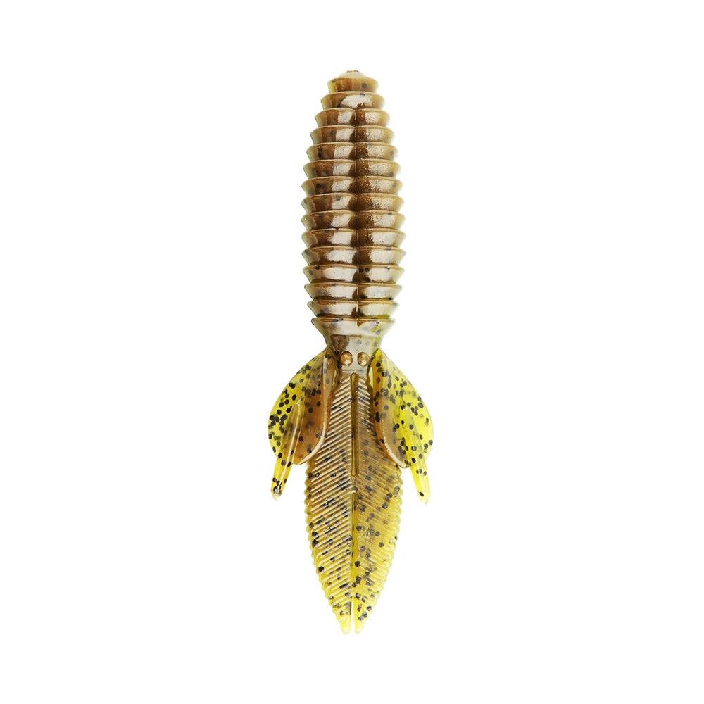 A close-up of the Reaction Innovations Sweet Beaver 4.20 lure reveals its ribbed body, two leaf-like appendages, and flat tail. Speckled with black dots, this yellow and brown bait from Reaction Innovations resembles a creature or insect, enticing nearby fish.