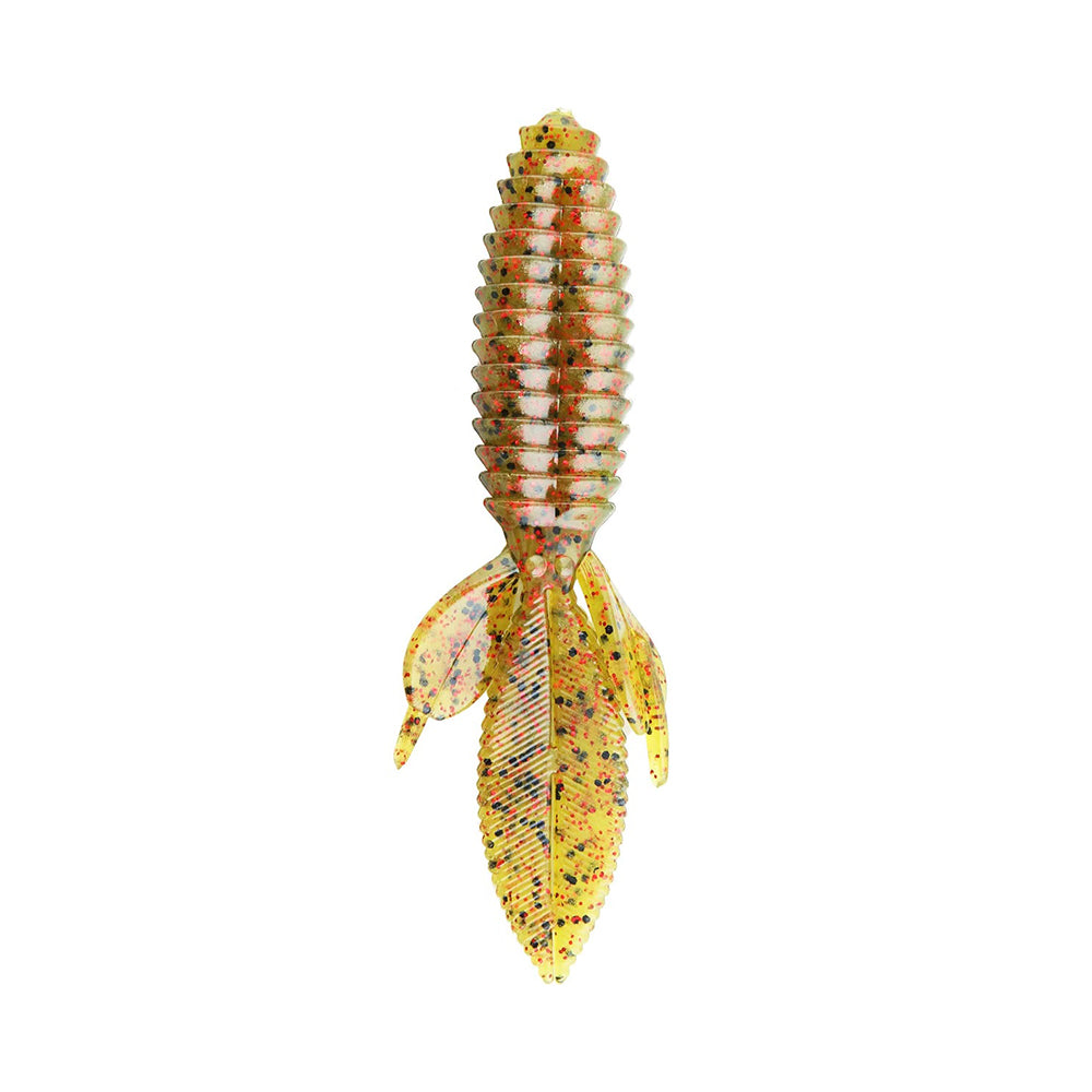 The Reaction Innovations Sweet Beaver 4.20 is a bright, yellow-brown flipping bait with a textured body and multiple speckled fins, resembling an insect or aquatic creature.