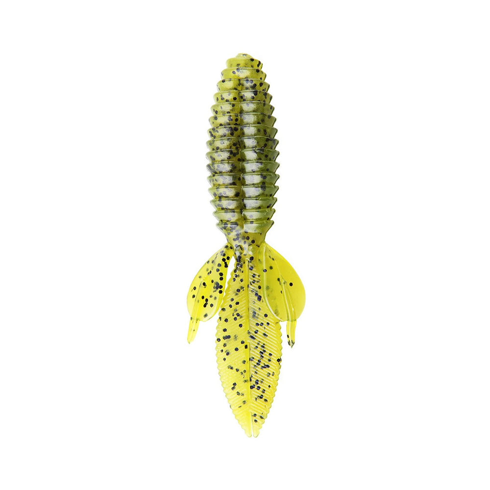 The Reaction Innovations Sweet Beaver 4.20 is a yellow and green flipping bait with a segmented, ribbed body and three leaf-like appendages, speckled with black spots against a white background.