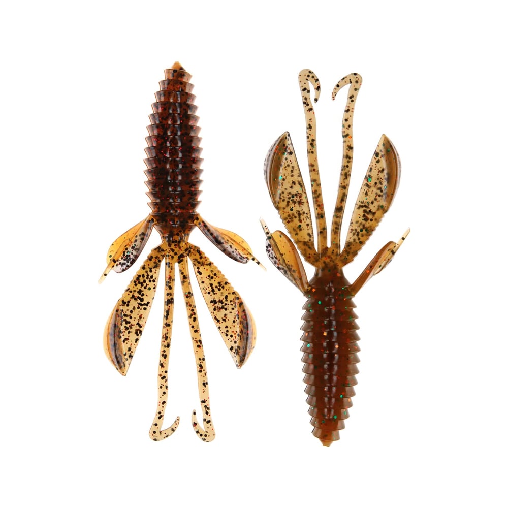 Two Reaction Innovations Kinky Beaver bait lures in brown and black speckles, designed for bass fishing, are displayed against a white background. They resemble aquatic creatures with segmented bodies, multiple appendages, flippers, and curly tails.