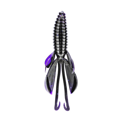 The Reaction Innovations Kinky Beaver swim bait in black and purple has a segmented body with ribbed sections and leg-like appendages, ideal for bass fishing. Its lifelike design attracts attention underwater, making it an essential lure for any angler. Displayed on a plain white background.