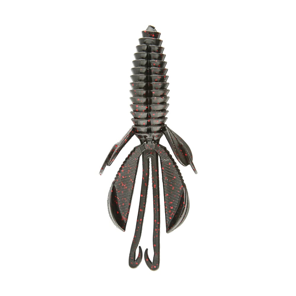The Reaction Innovations Kinky Beaver is a black and red speckled rubber lure with a ribbed body and multiple appendages. Designed for bass fishing, this swim bait efficiently mimics aquatic prey to attract fish.