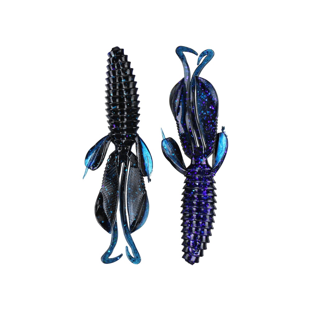 The left blue and black lure is a Reaction Innovations Kinky Beaver with ribbed body and large, flat side wings, perfect for bass fishing. The right one mimics a swim bait with smaller, wavy arms. Both have a shiny, reflective surface.