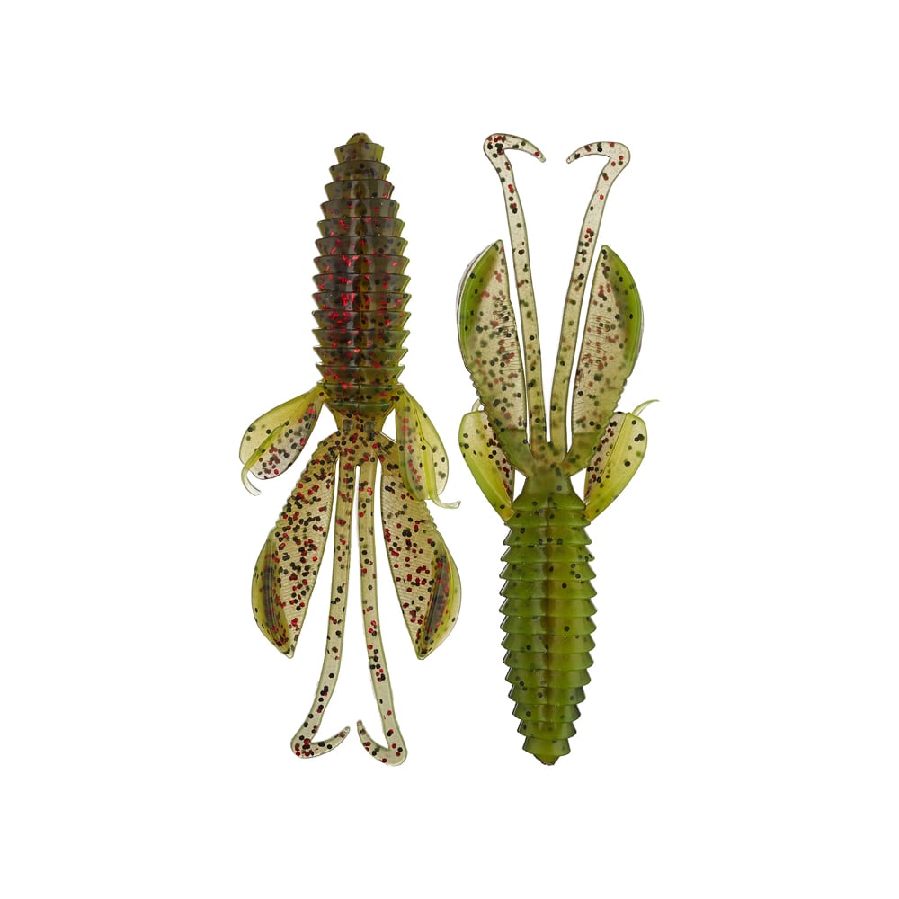 Two Reaction Innovations Kinky Beaver lures from Reaction Innovations, preferred by pro anglers for bass fishing, rest on a white background. Each green plastic lure has a textured, ribbed body with multiple appendages featuring red and black speckles to mimic aquatic creatures and attract fish successfully.