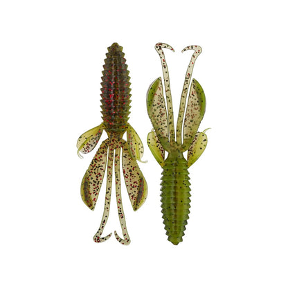 Two Reaction Innovations Kinky Beaver lures from Reaction Innovations, preferred by pro anglers for bass fishing, rest on a white background. Each green plastic lure has a textured, ribbed body with multiple appendages featuring red and black speckles to mimic aquatic creatures and attract fish successfully.