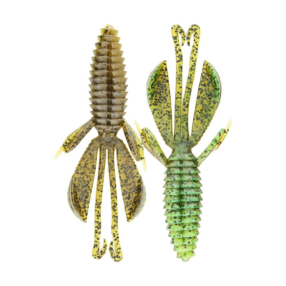 The Reaction Innovations Kinky Beaver, by Reaction Innovations, consists of two textured bass fishing lures resembling insects. Featuring segmented green and yellow bodies with black speckles and multiple appendages for realistic movement, they're perfect for pro anglers and displayed side by side against a white background.