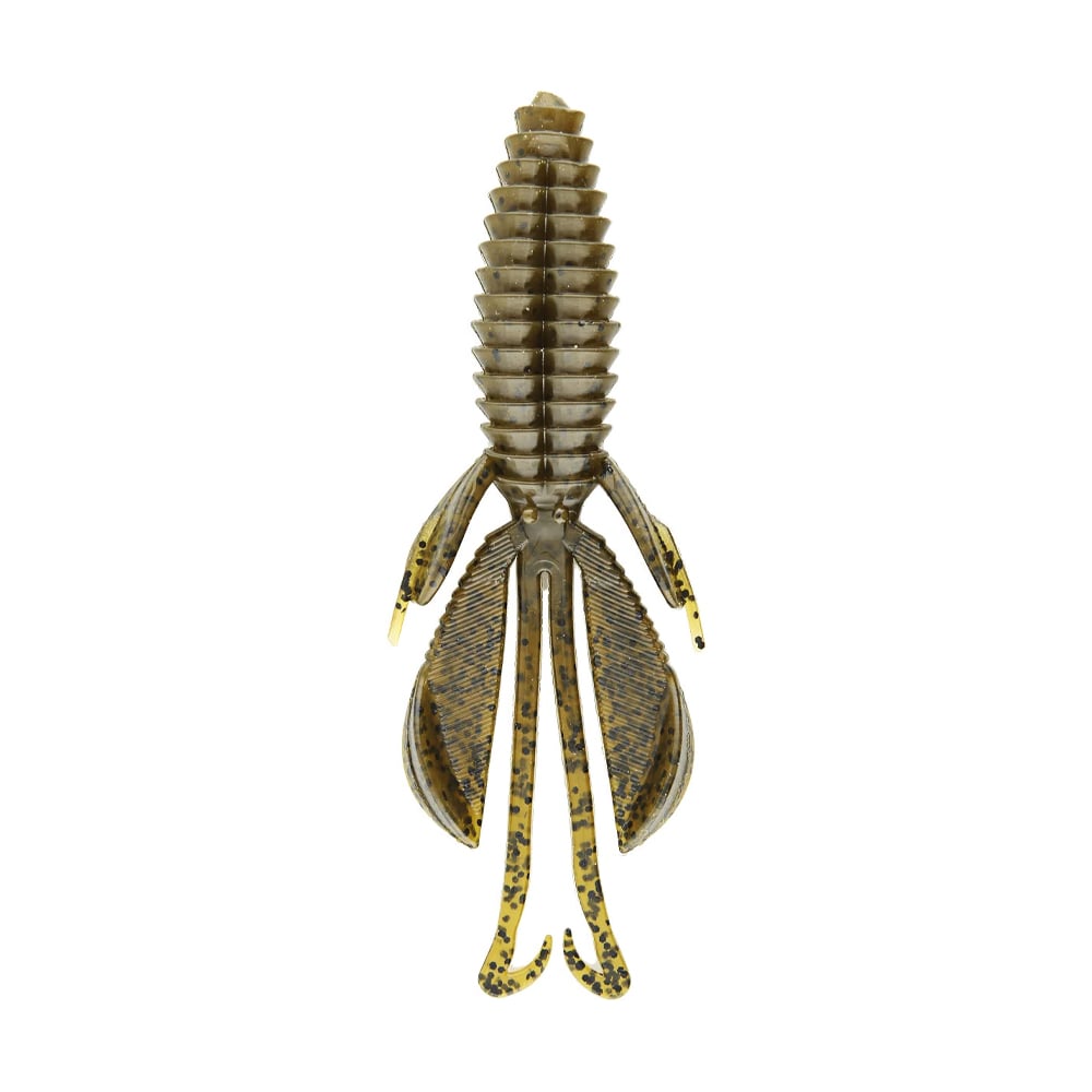 A detailed image of the Reaction Innovations Kinky Beaver soft plastic swim bait resembles a fish or aquatic creature. Ideal for bass fishing, it features a vertical orientation with ribbed segments, fin-like appendages, and speckled yellow and brownish hues.