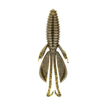 A detailed image of the Reaction Innovations Kinky Beaver soft plastic swim bait resembles a fish or aquatic creature. Ideal for bass fishing, it features a vertical orientation with ribbed segments, fin-like appendages, and speckled yellow and brownish hues.