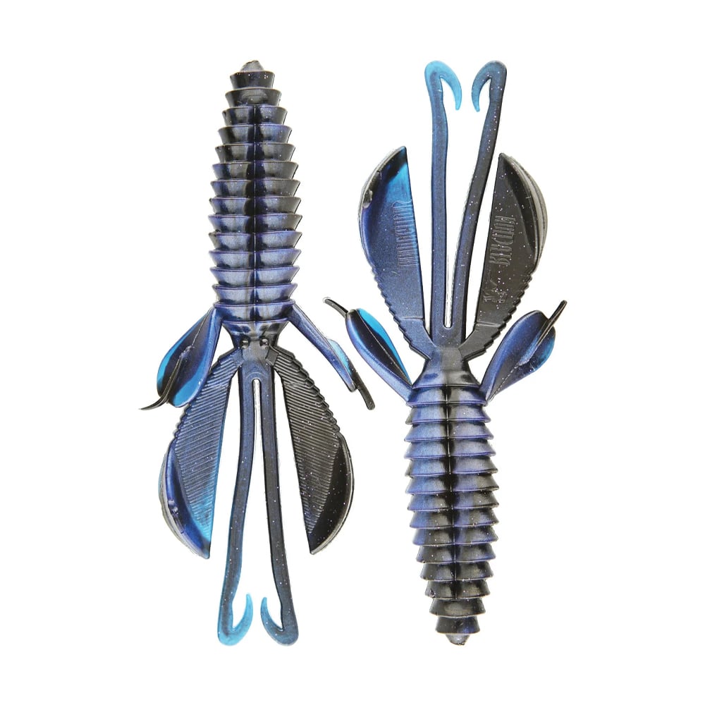 The Reaction Innovations Kinky Beaver artificial fishing lures in black and blue mimic insects with their ribbed bodies. Ideal for bass fishing, they feature curved hooks, flat fin-like structures, and multiple appendages to attract fish.