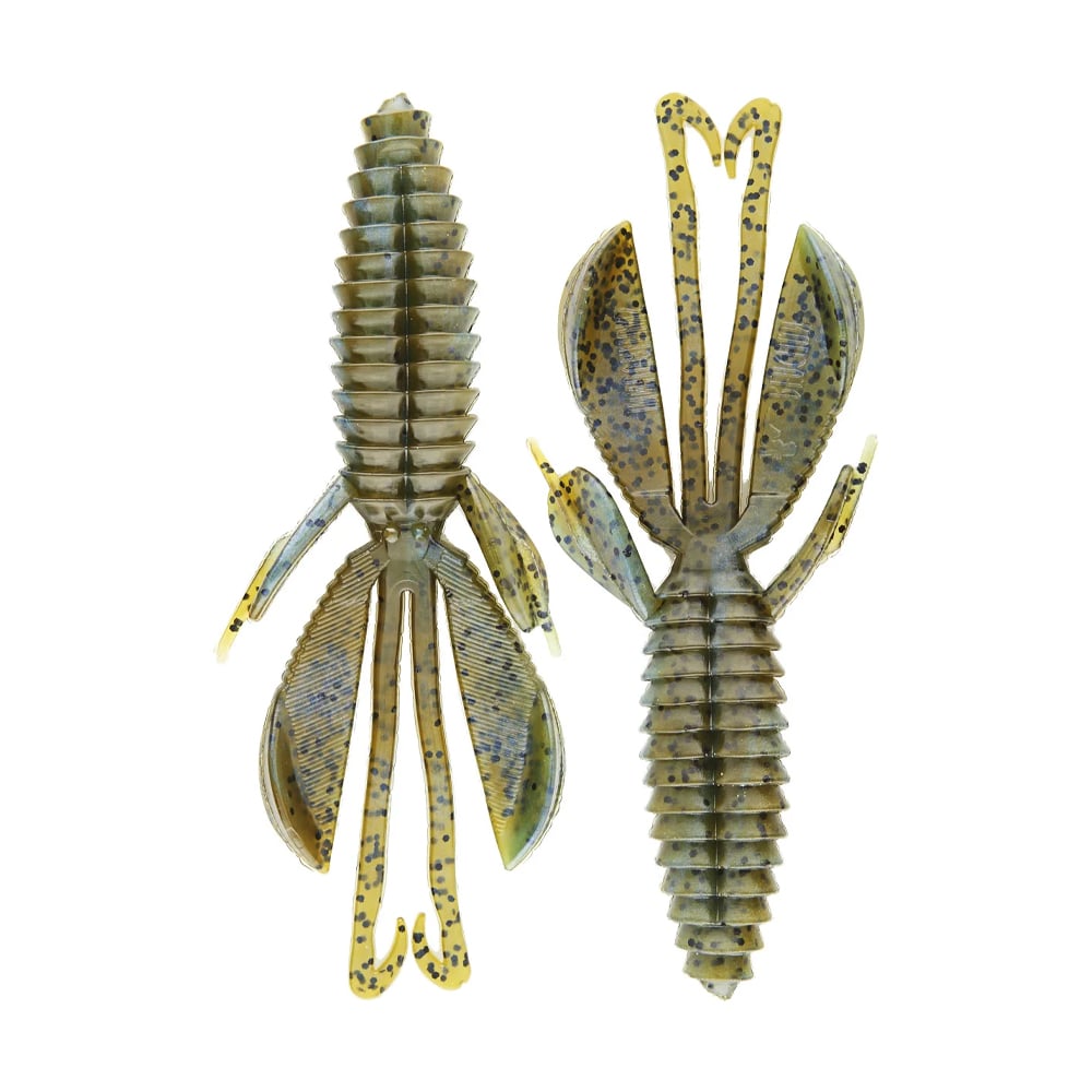 Two detailed Reaction Innovations Kinky Beaver swim baits imitate insect larvae, ideal for bass fishing. They have segmented bodies with multiple appendages and a ribbed texture in olive green shades with darker speckles, all shown on a plain white background.