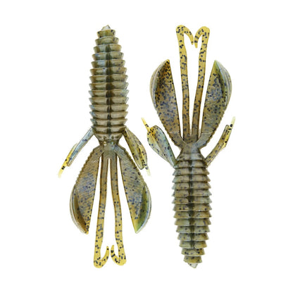 Two detailed Reaction Innovations Kinky Beaver swim baits imitate insect larvae, ideal for bass fishing. They have segmented bodies with multiple appendages and a ribbed texture in olive green shades with darker speckles, all shown on a plain white background.