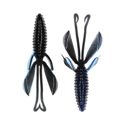 Two Reaction Innovations Kinky Beaver lures, black and blue with ribbed bodies and appendages resembling aquatic creatures, are on display against a white background. Perfect for bass fishing, one lure shows a full view upright while the other is turned to the side.