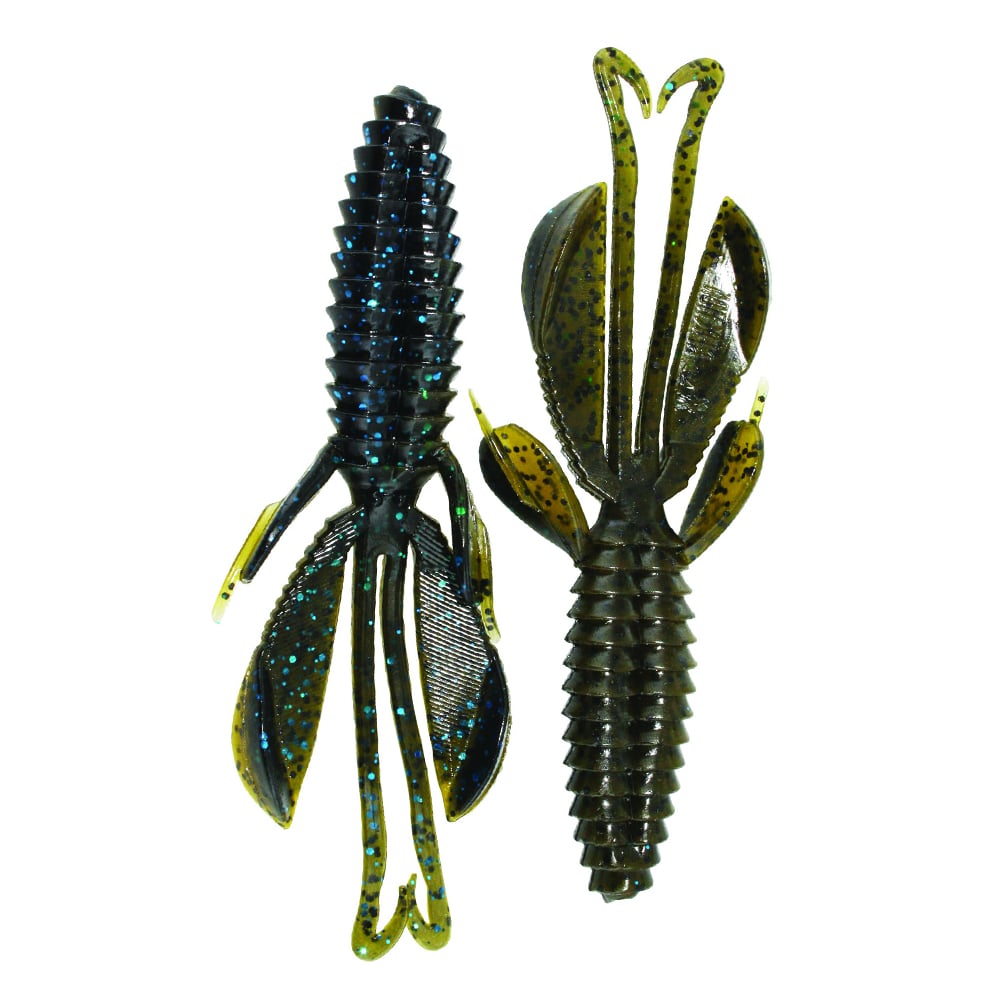 Two Reaction Innovations Kinky Beaver lures, perfect for bass fishing, mimic insects with segmented bodies and appendages. Their metallic blue and black colors feature dotted patterns. The right lure shows a lighter underside, a favorite among pro anglers.