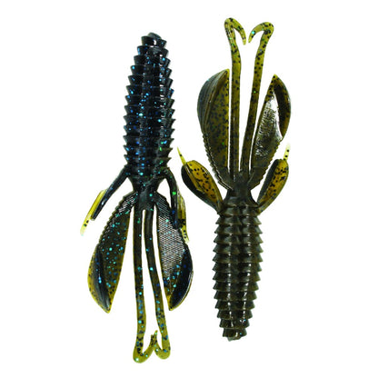 Two Reaction Innovations Kinky Beaver lures, perfect for bass fishing, mimic insects with segmented bodies and appendages. Their metallic blue and black colors feature dotted patterns. The right lure shows a lighter underside, a favorite among pro anglers.