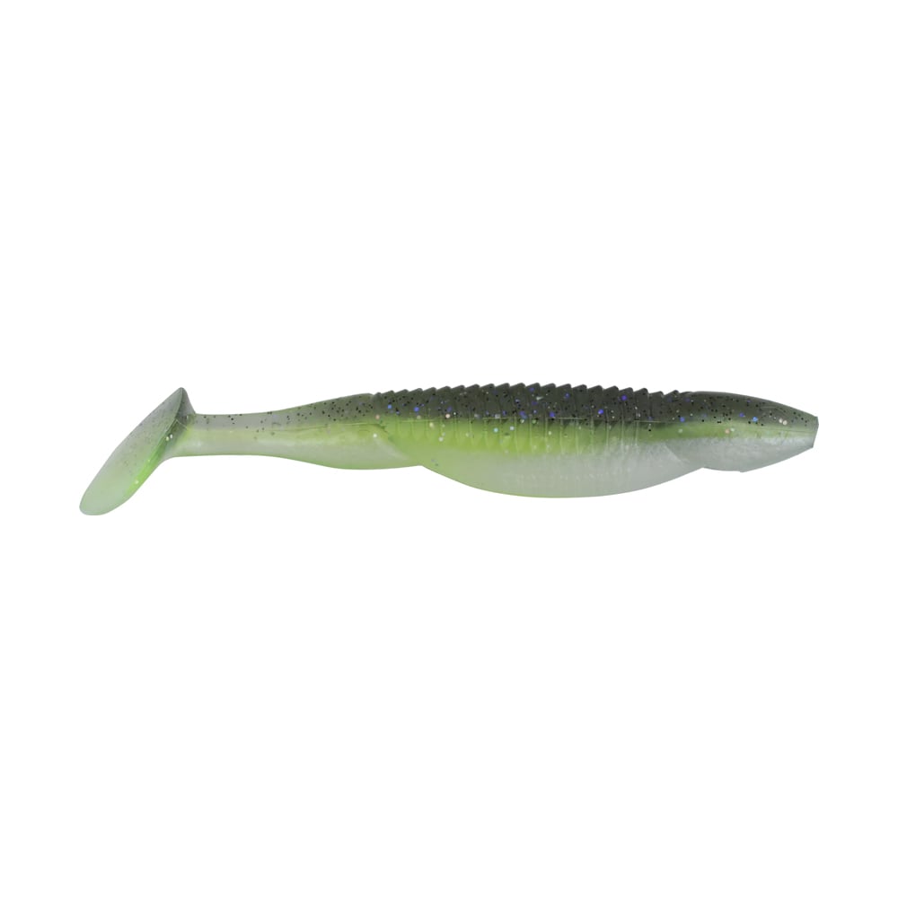 The Reaction Innovations Little Dipper Swimbait by Reaction Innovations is a green and white soft plastic lure resembling a small fish, featuring a textured body and paddle tail for enhanced water movement.