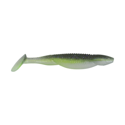The Reaction Innovations Little Dipper Swimbait by Reaction Innovations is a green and white soft plastic lure resembling a small fish, featuring a textured body and paddle tail for enhanced water movement.