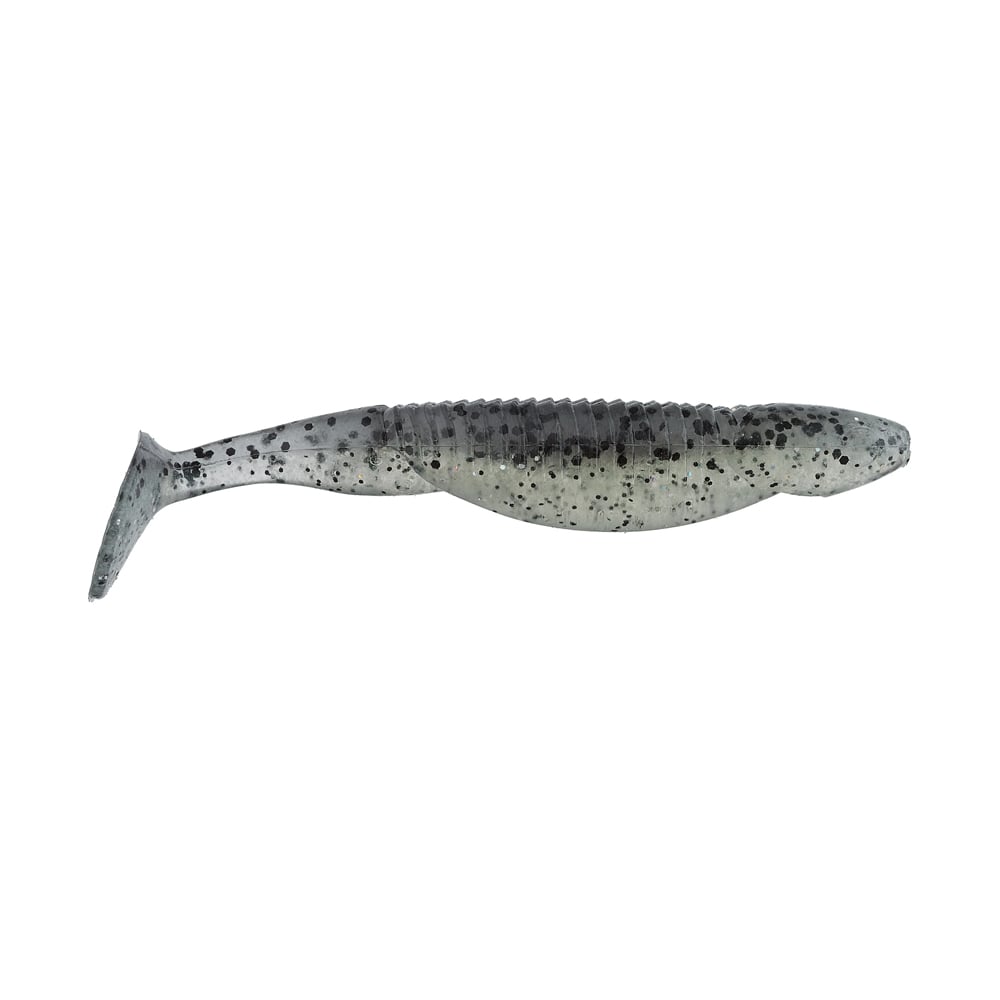 Introducing the Reaction Innovations Little Dipper Swimbaits: a grayish soft plastic swimbait by Reaction Innovations, shaped like a small fish with dark speckles, segmented details, and a paddle tail for enticing action—perfect for attracting your next big catch.