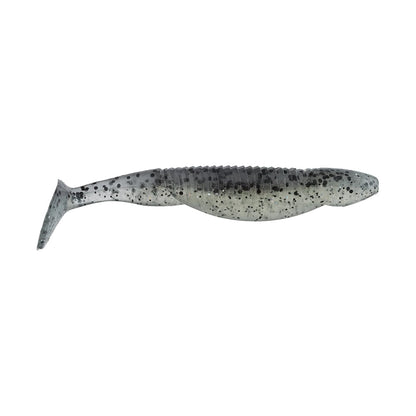 Introducing the Reaction Innovations Little Dipper Swimbaits: a grayish soft plastic swimbait by Reaction Innovations, shaped like a small fish with dark speckles, segmented details, and a paddle tail for enticing action—perfect for attracting your next big catch.