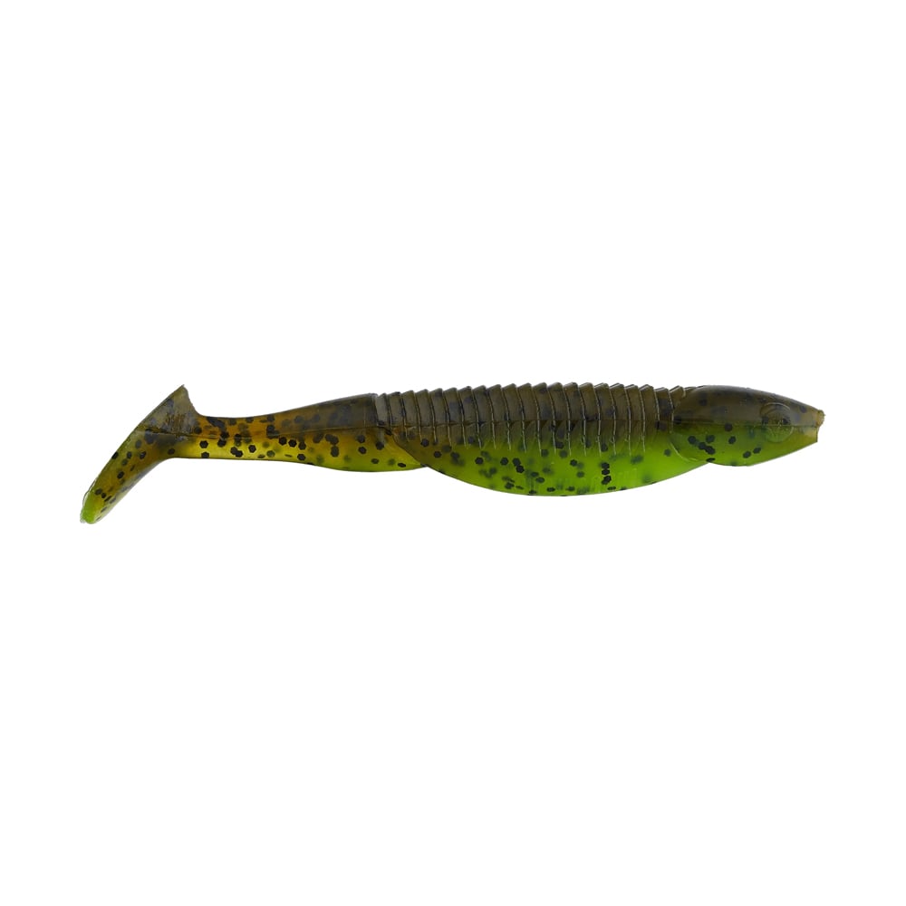 A green and brown Reaction Innovations Little Dipper Swimbait features a segmented body, paddle tail, and black speckles, resembling a Skinny Dipper. This soft plastic lure by Reaction Innovations is elegantly displayed against a white background.