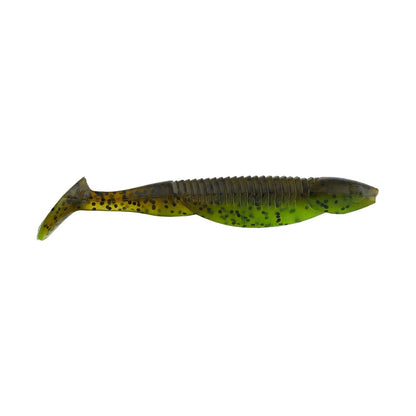 A green and brown Reaction Innovations Little Dipper Swimbait features a segmented body, paddle tail, and black speckles, resembling a Skinny Dipper. This soft plastic lure by Reaction Innovations is elegantly displayed against a white background.