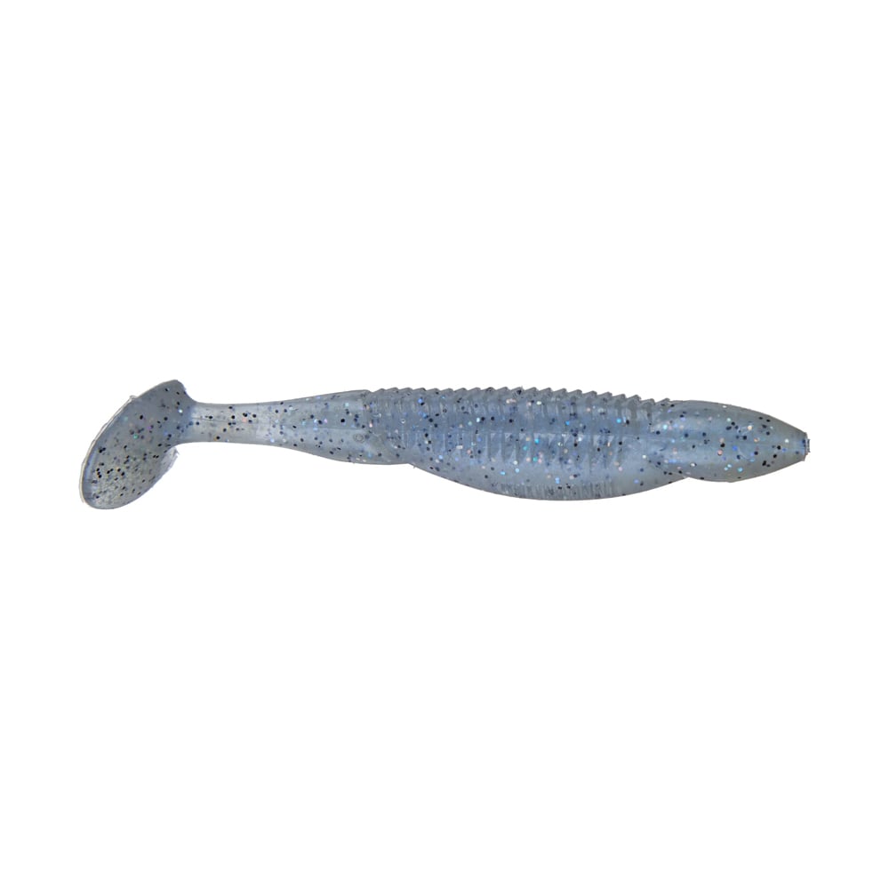 The Reaction Innovations Little Dipper Swimbaits by Reaction Innovations are blue soft plastic lures shaped like small fish, featuring a paddle tail and covered in small, dark speckles.