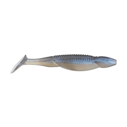 The Reaction Innovations Little Dipper Swimbaits by Reaction Innovations features a ribbed, lifelike design with a blue top fading to a white underside, ideal for anglers looking to mimic small baitfish.