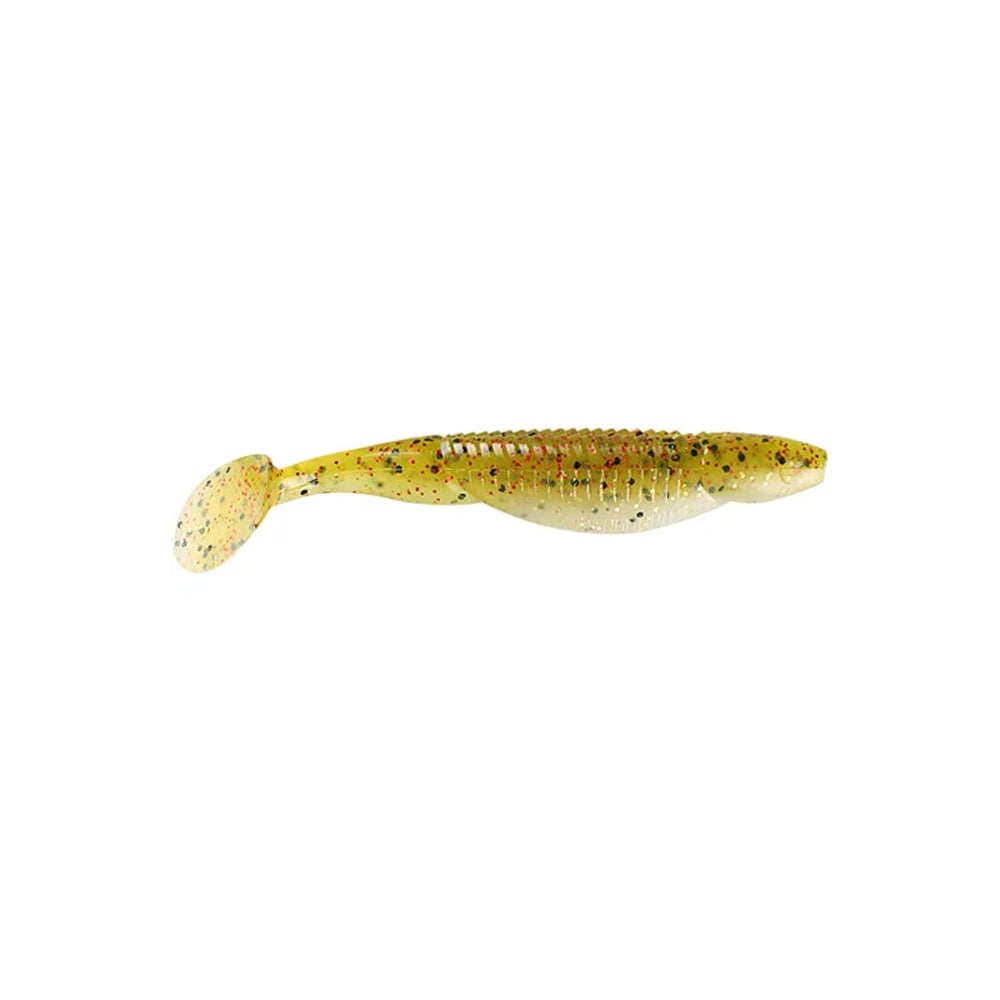 The Reaction Innovations Little Dipper Swimbaits lure is shaped like a soft yellow-brown fish with dark speckles and features a ribbed body and round paddle tail expertly designed to mimic swimbait movements in water.