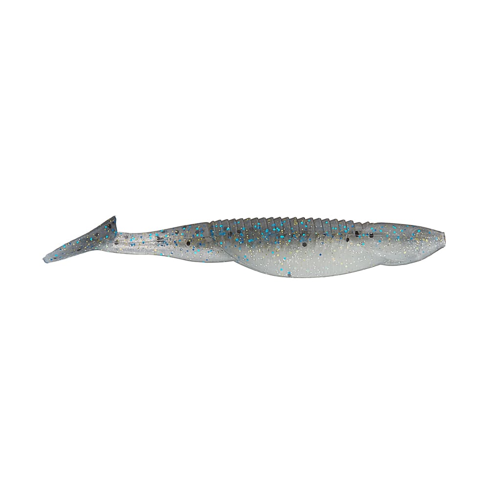The Reaction Innovations Little Dipper Swimbaits resemble small fish with a blue and white color design. Their ribbed body and paddle tail make them stand out against the plain white background.