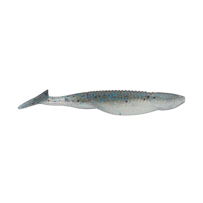 The Reaction Innovations Little Dipper Swimbaits resemble small fish with a blue and white color design. Their ribbed body and paddle tail make them stand out against the plain white background.