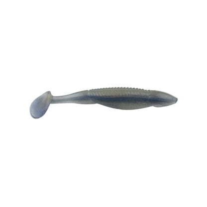 The Reaction Innovations Little Dipper Swimbaits are soft plastic lures with a ribbed body and paddle tail, designed in a small fish shape and an attractive dark blue.