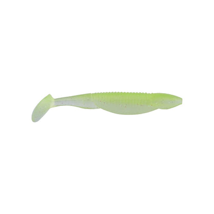 The Reaction Innovations Little Dipper Swimbait, from the brand Reaction Innovations, is a pale green soft plastic fishing lure with a paddle tail, displayed on a white background.