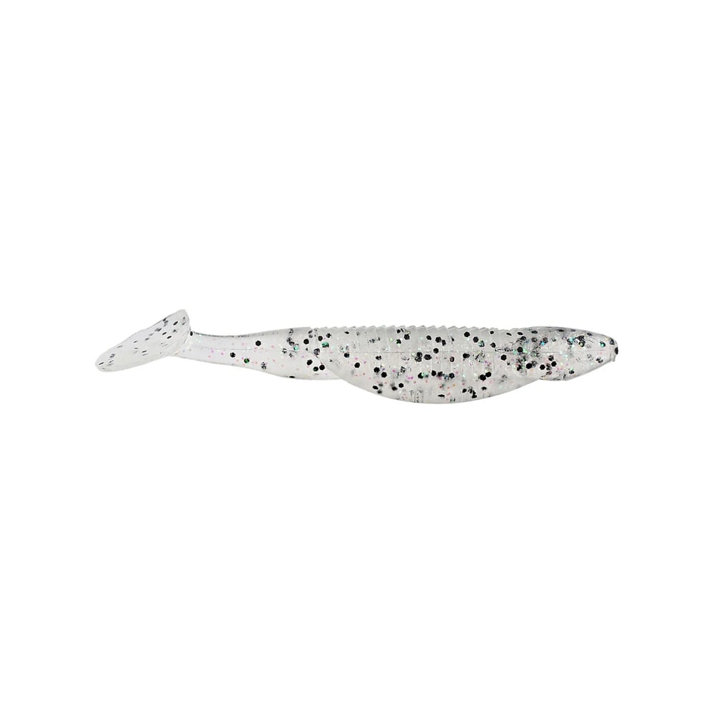 The Reaction Innovations Little Dipper Swimbaits from Reaction Innovations are soft plastic lures in ghost shad color, with streamlined bodies and paddle tails. They have a translucent appearance, black speckles, and mimic small baitfish effectively.