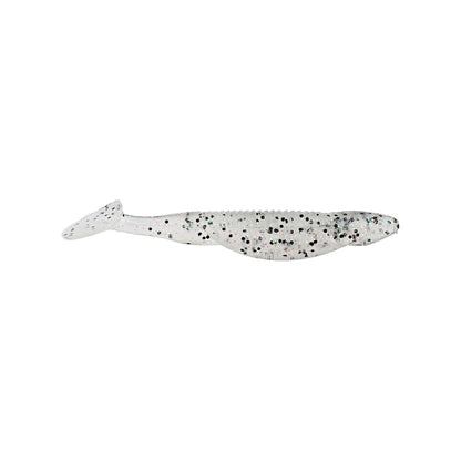 The Reaction Innovations Little Dipper Swimbaits from Reaction Innovations are soft plastic lures in ghost shad color, with streamlined bodies and paddle tails. They have a translucent appearance, black speckles, and mimic small baitfish effectively.