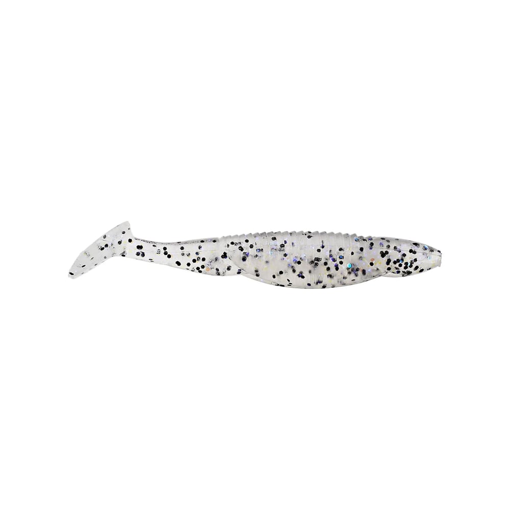 The Reaction Innovations Little Dipper Swimbait is a soft, clear plastic lure with a fish-like shape and black speckles, featuring a small tail that mimics lifelike swimming motions.
