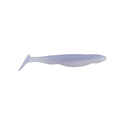 The Reaction Innovations Little Dipper Swimbaits, made from translucent soft plastic, have a ribbed body and flat paddle tail resembling a small fish. Ideal for swimbait enthusiasts, it's showcased on a plain white background.