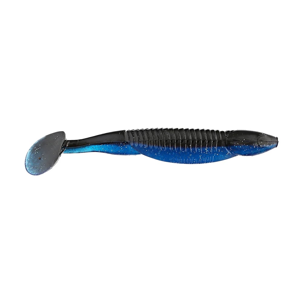 Introducing the Reaction Innovations Little Dipper Swimbaits: a soft plastic swimbait with a paddle tail, featuring a blue to black gradient. Its ribbed body adds texture, and the flat paddle tail expertly mimics small fish movement in water.