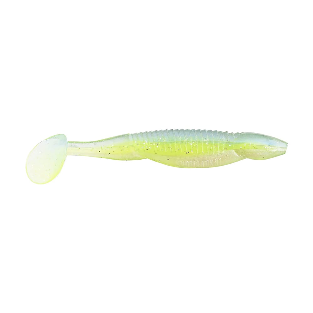 Meet the Reaction Innovations Little Dipper Swimbaits: Soft plastic lures with ribbed sides and paddle tails, featuring a gradient from transparent to light greenish-yellow, designed to enhance allure and entice your next catch.